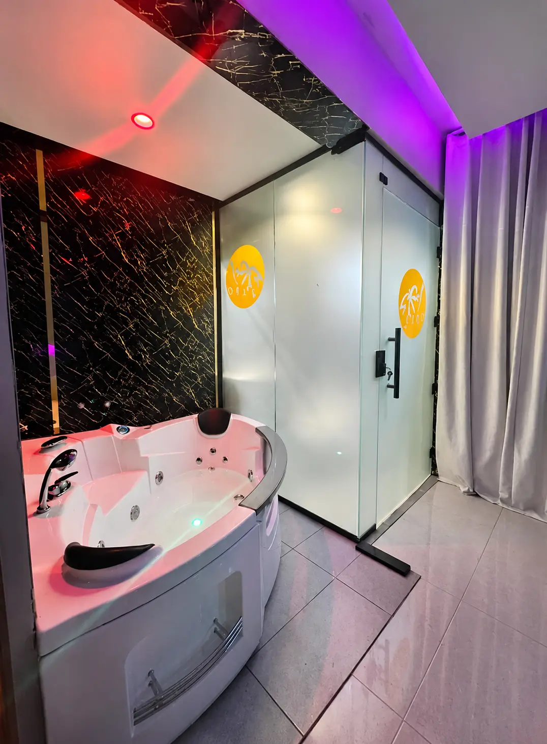 Large bathroom with tub and shower